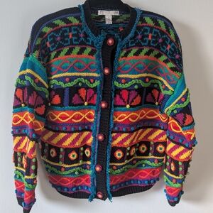 VTG RTR Multicolok Knit Cardigan With Geometric Patterns And Knit Button  SzM